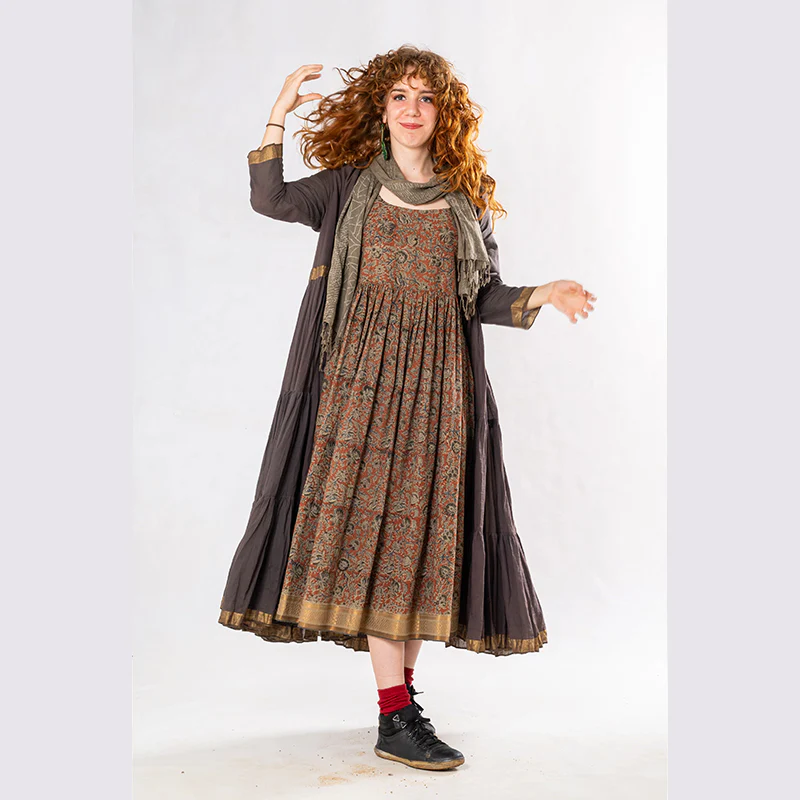 Set of 3: Brown Tulsi Dyed Mul Cotton Jacket, Dress & Scarf