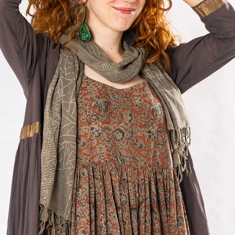 Set of 3: Brown Tulsi Dyed Mul Cotton Jacket, Dress & Scarf - Image 2