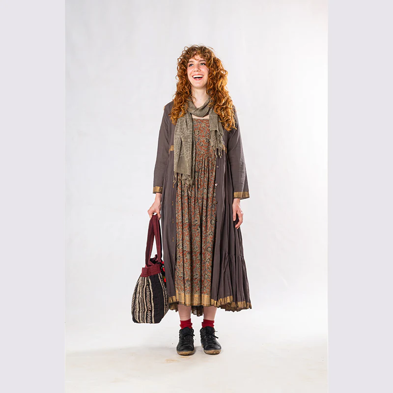 Set of 3: Brown Tulsi Dyed Mul Cotton Jacket, Dress & Scarf - Image 3