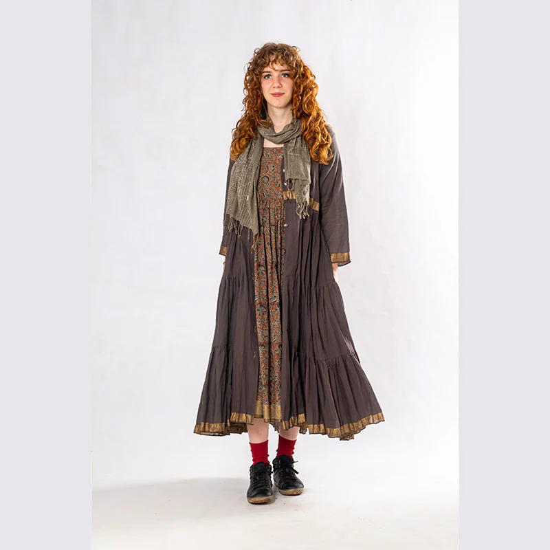 Set of 3: Brown Tulsi Dyed Mul Cotton Jacket, Dress & Scarf - Image 7