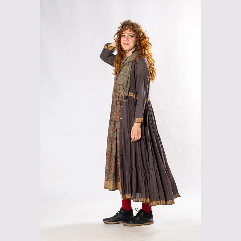 Set of 3: Brown Tulsi Dyed Mul Cotton Jacket, Dress & Scarf - Image 8