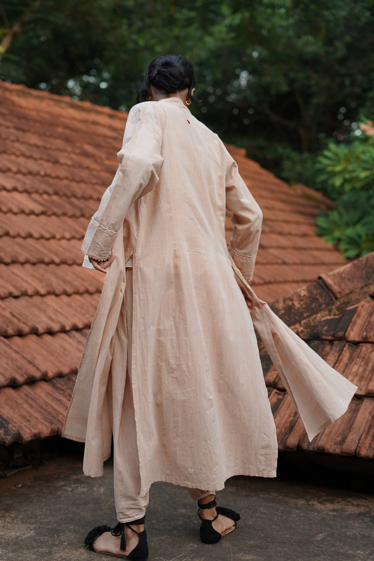 Set of 3- Beige Organic cotton long embroidered Jacket, Top & Pant Set - Image 3