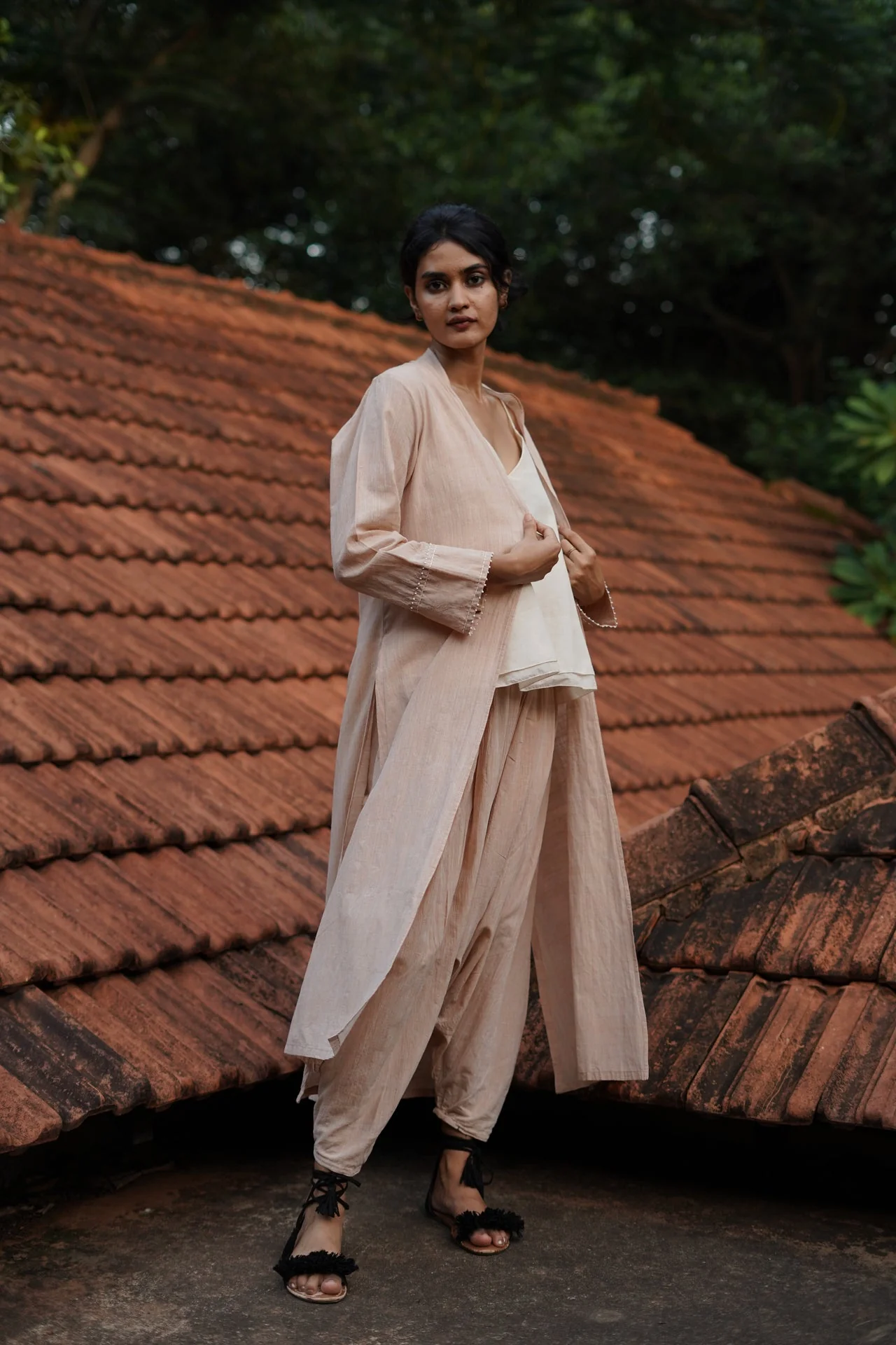 Set of 3- Beige Organic cotton long embroidered Jacket, Top & Pant Set - Image 5