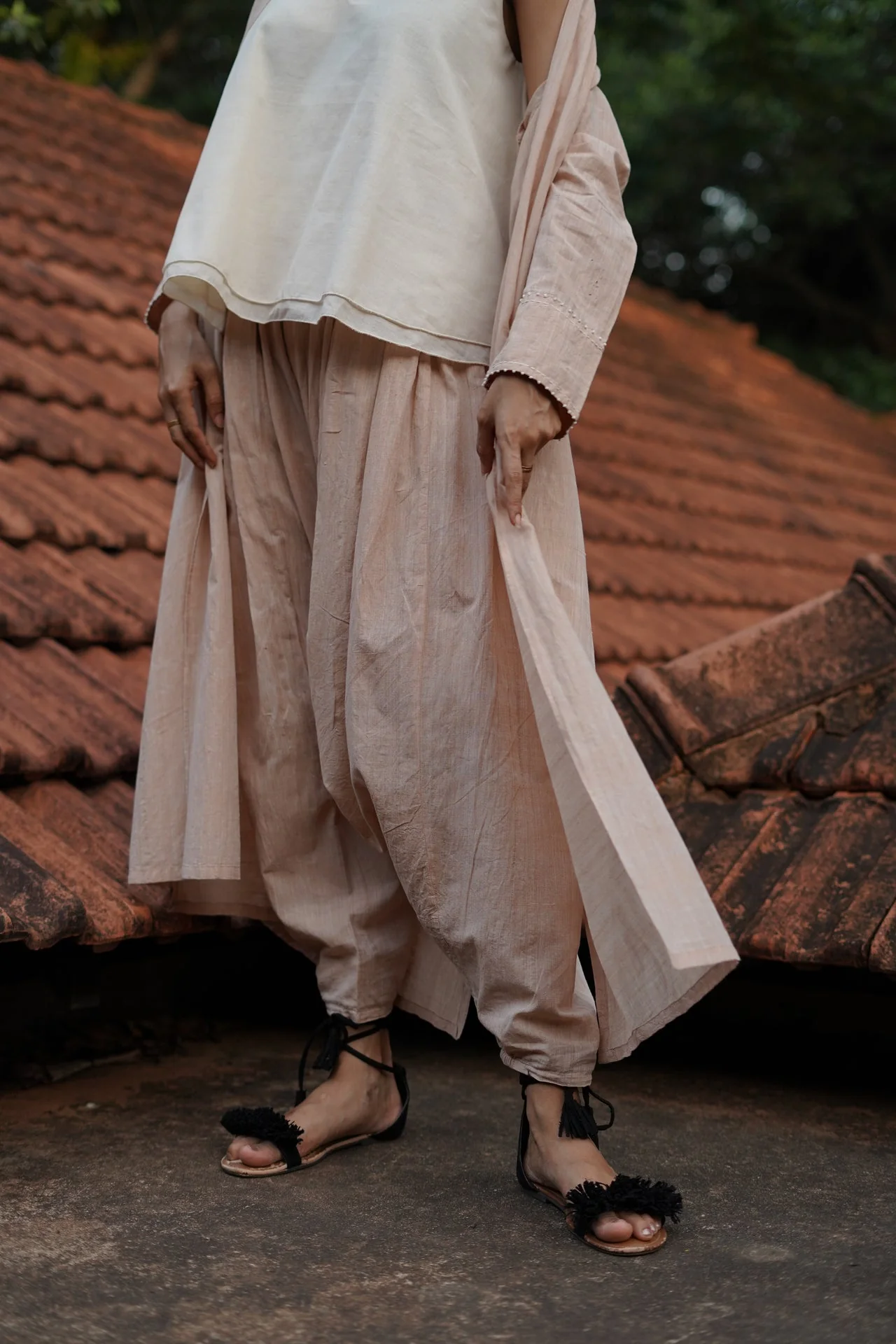 Set of 3- Beige Organic cotton long embroidered Jacket, Top & Pant Set - Image 6