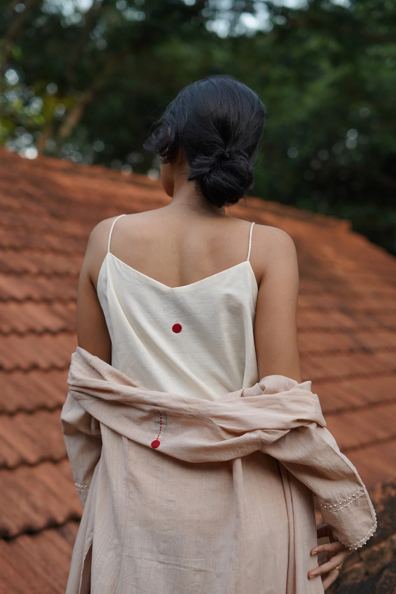 Set of 3- Beige Organic cotton long embroidered Jacket, Top & Pant Set - Image 8