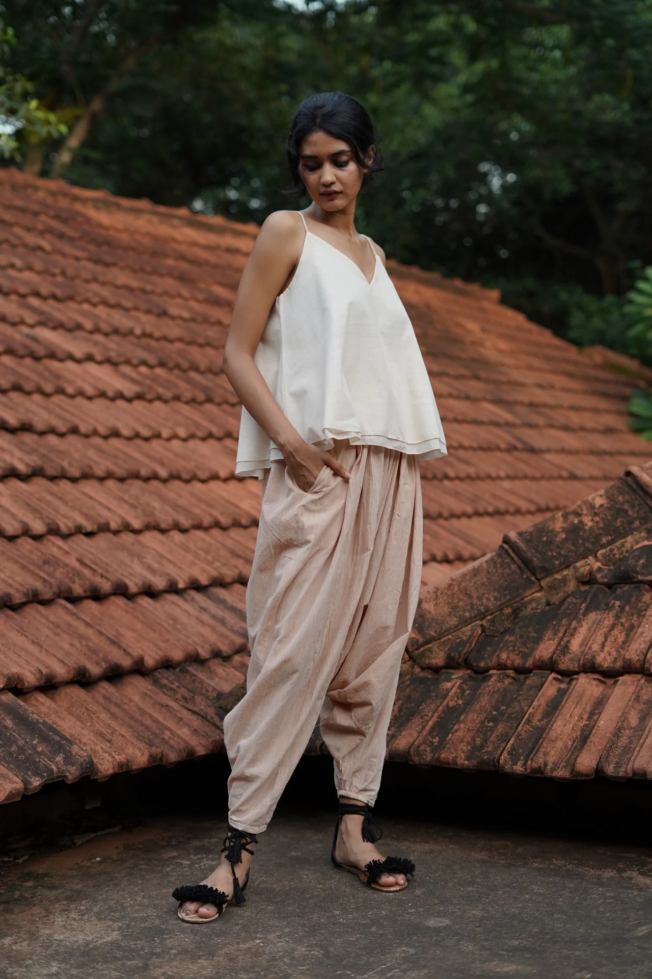 Set of 3- Beige Organic cotton long embroidered Jacket, Top & Pant Set - Image 9