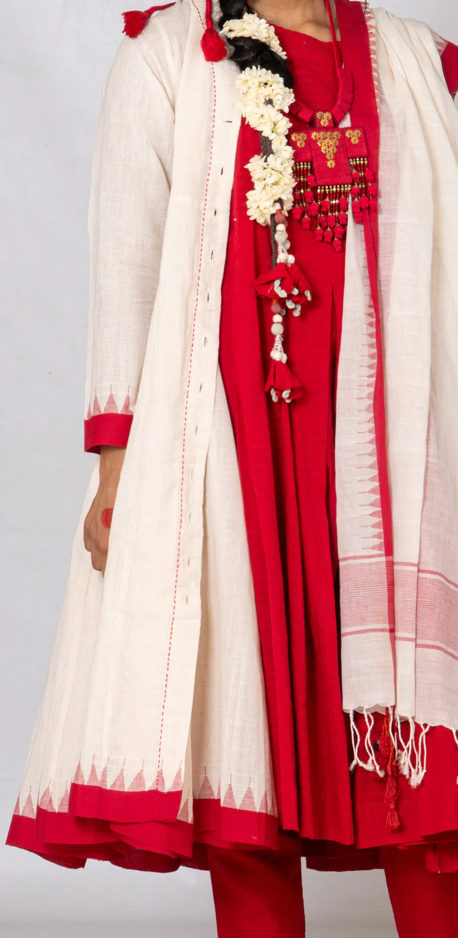 Set of 4-Red, Kora khadi Temple border Festive ensemble - Image 6