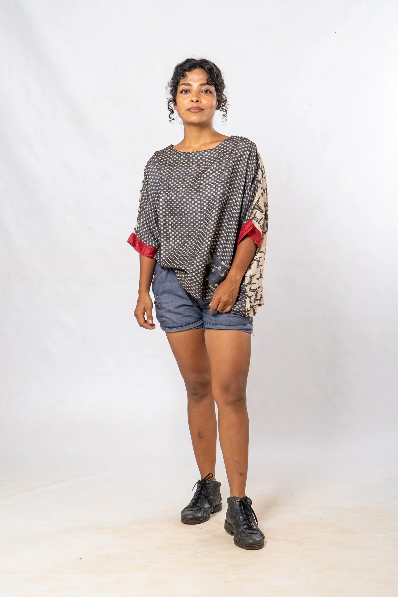 Tussar Silk Dot Patterned Boat Neck Top
