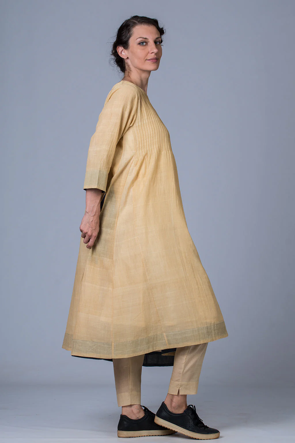 Set of 3- Yellow Medicinal Neem Dyed Hand Spun Cotton Pintuck Dress, Pant & Scarf - Image 3