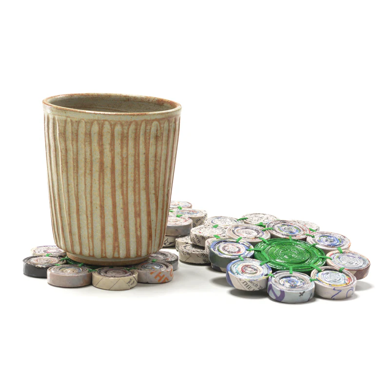 Upcycled Coiled Newspaper Tea coaster Flower - Set of 6 - Image 3