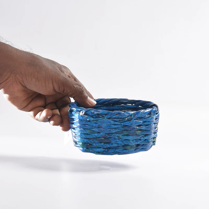 Upcycled Woven Newspaper Basket Round - Image 5
